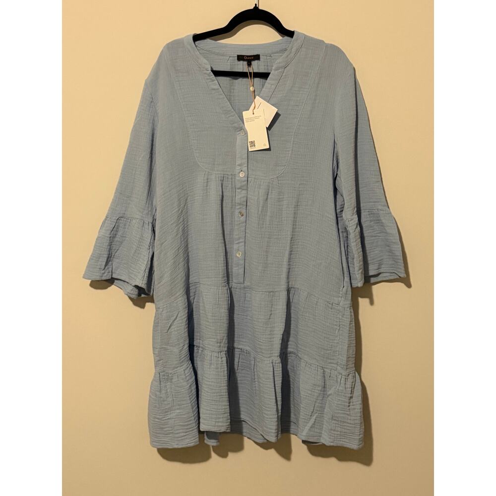 Quince 100% Organic Cotton Gauze Long Sleeve Tiered Mini Dress Ocean Breeze New - Picture 2 of 6